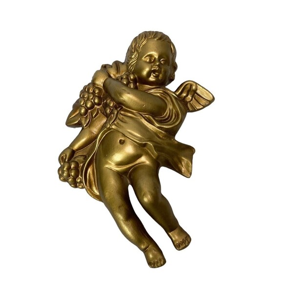 Vintage 2 Lee Wards Gold Cherub Angel Wall Hanging Plaque Chalkware 8” Long - Picture 6 of 16